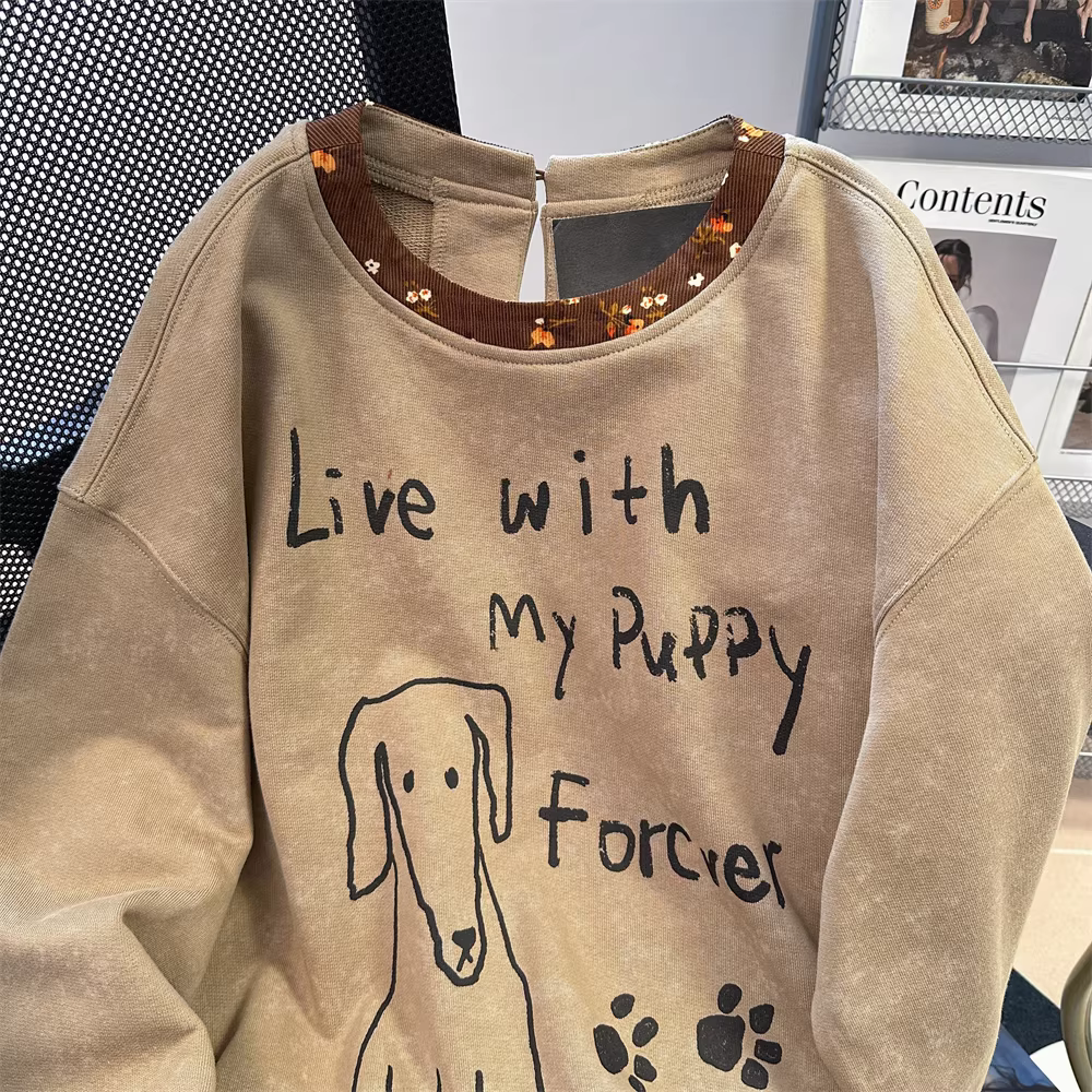 Áo len cổ điển màu kaki có cổ chắp vá hoa cho nữ đầu mùa thu thiết kế cổ điển kiểu Mỹ