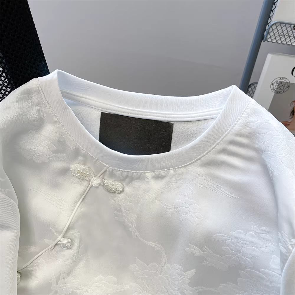 Áo thun ngắn tay bằng vải satin có nút kiểu Trung Quốc mới dành cho nữ, cỡ lớn mùa hè, dáng rộng, che bụng, áo thon gọn.