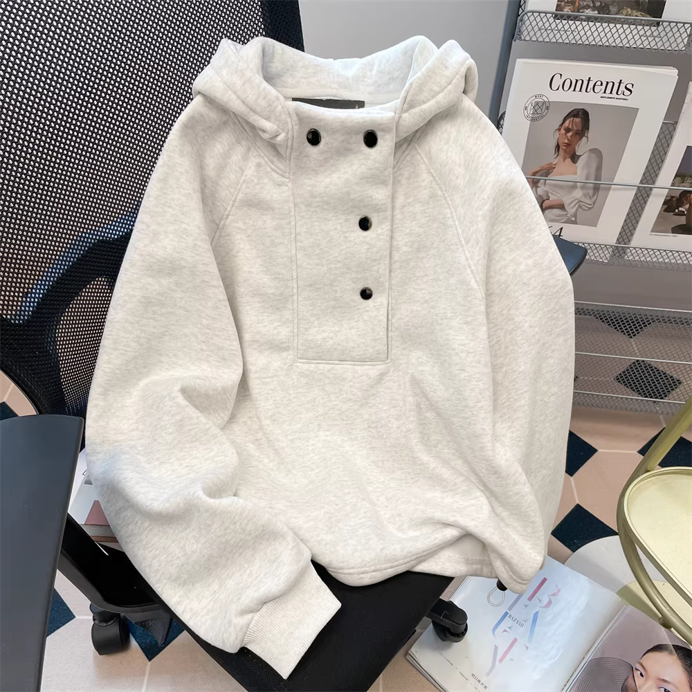 Áo khoác có mũ trùm đầu có cổ đứng màu xám có cổ đứng dành cho nữ, áo dáng rộng đơn giản, phong cách giản dị đa năng cho mùa xuân, mùa thu và mùa đông.