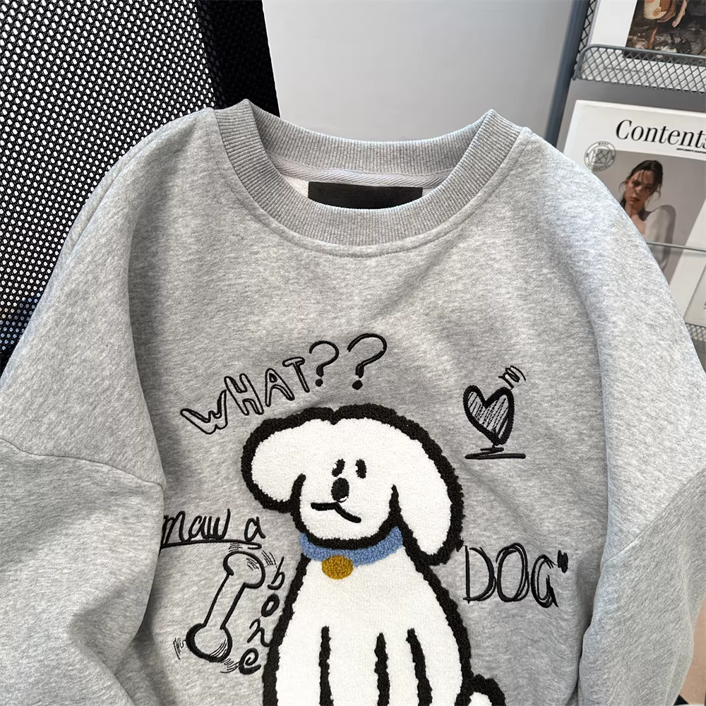 Áo len thêu hình chó con cao cấp màu xám không có mũ trùm đầu dành cho nữ, áo dài tay lót lông phong cách retro kiểu Mỹ mùa thu đông