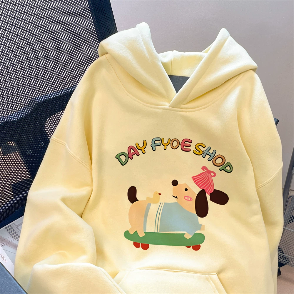 Áo hoodie hình chú chó con màu vàng dễ thương dành cho nữ, phong cách thu đông, sành điệu và trẻ trung, cỡ nhỏ, áo lót lông cừu và dày dặn.
