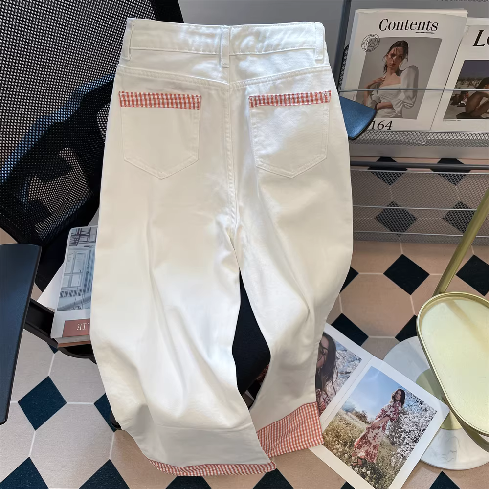 Quần jean thường ngày có nơ kẻ sọc màu hồng dành cho nữ, phong cách Hàn Quốc mùa hè, quần ống rộng ống rộng lười biếng và thoải mái