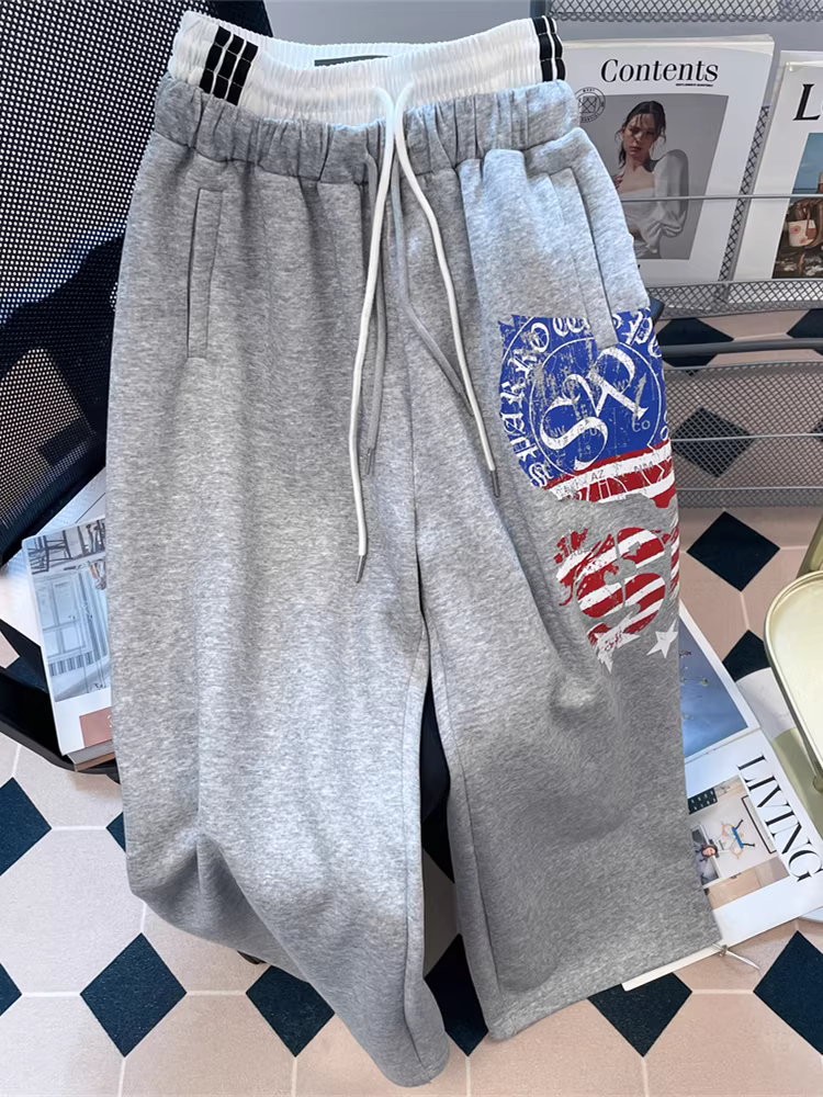 Quần thể thao dây rút hai eo kiểu Mỹ dành cho nữ, quần ống rộng đa năng phong cách cổ điển mùa thu