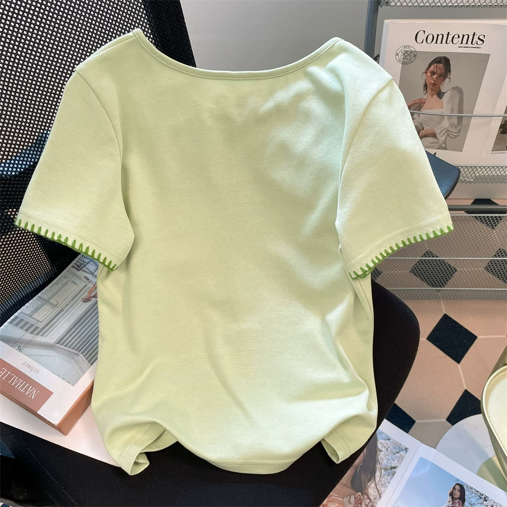 Áo thun buộc dây kiểu cổ điển dễ thương kiểu nơ rỗng dành cho nữ, áo ngắn tay dáng ôm vừa vặn vai thường xuyên dành cho mùa hè