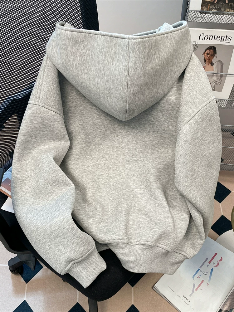Áo khoác có mũ trùm đầu kiểu retro Hàn Quốc dành cho nữ, mùa thu đông dáng rộng phong cách bf, áo cardigan có khóa kéo thông thường, lười biếng