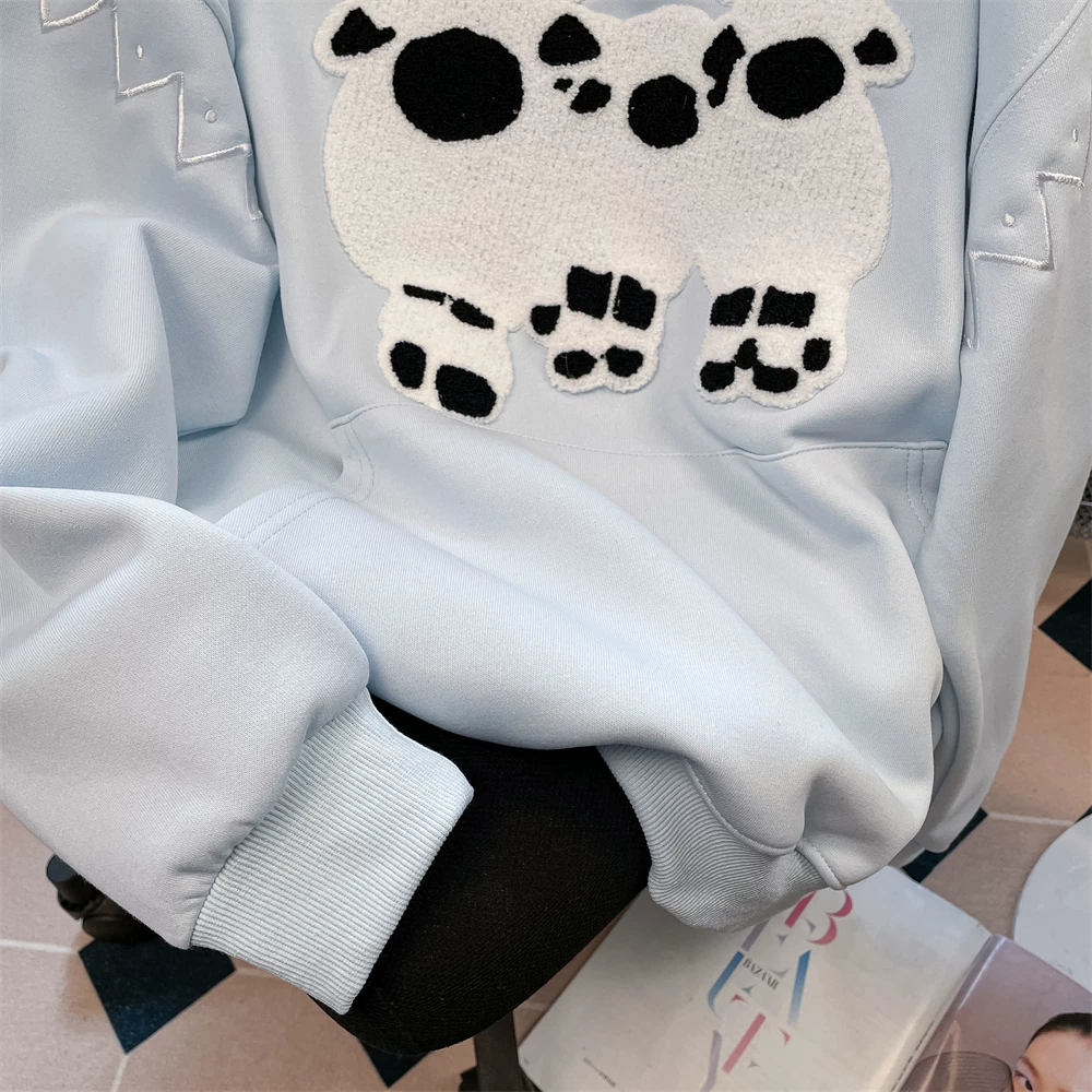 Áo len lông cừu thêu nặng kiểu Hàn Quốc dành cho nữ, áo khoác có mũ trùm đầu phong cách đại học mùa xuân cổ điển dễ thương