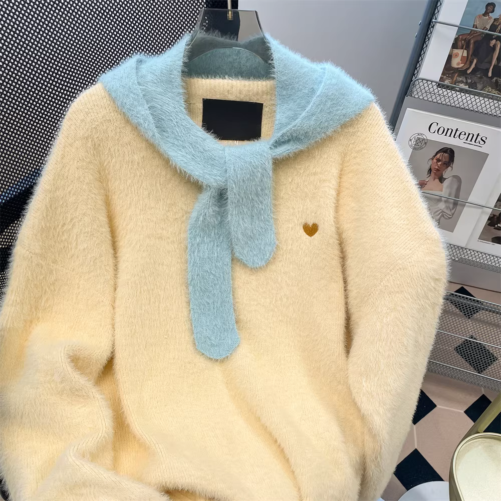 Áo len giả lông chồn dày dặn, kiểu dáng lười biếng, cao cấp dành cho nữ, mùa thu đông, nhẹ nhàng, nhỏ nhắn, chất liệu dệt kim mềm mại.