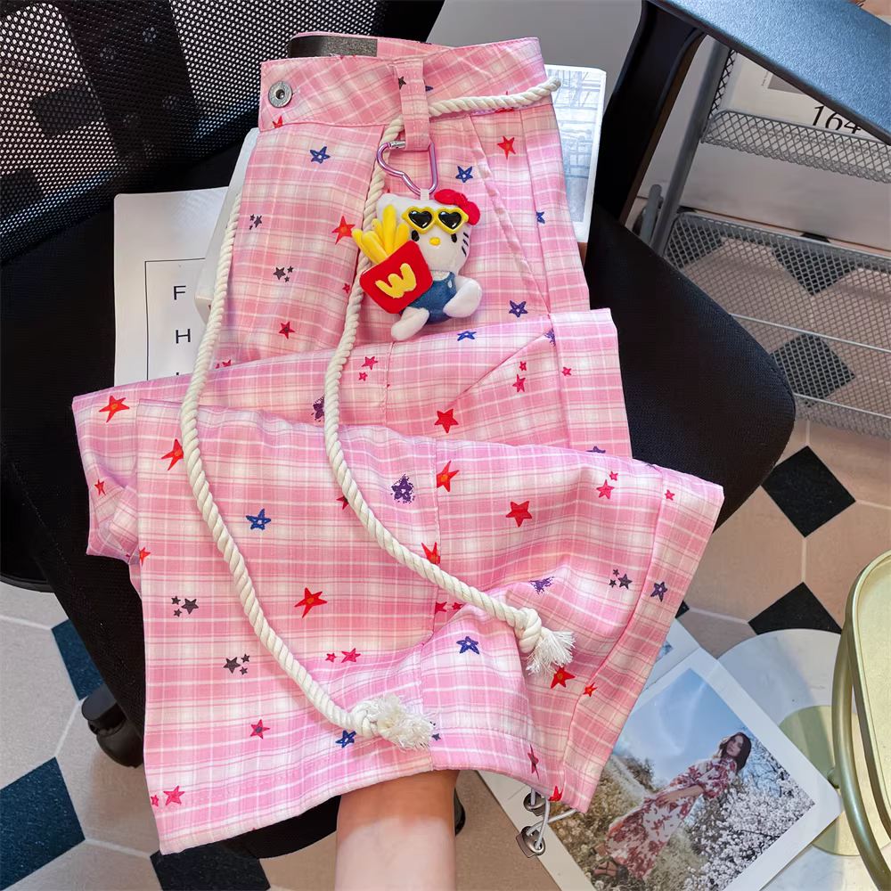 Được thiết kế với những đường sọc tương phản và kiểu chắp vá, quần ống rộng dành cho nữ, quần ống thẳng đa năng kiểu cổ điển kiểu Mỹ mùa hè.