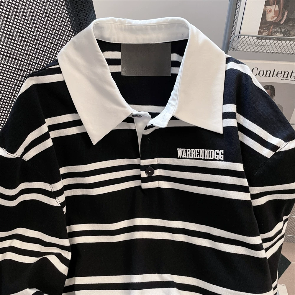 Áo polo sọc retro Hàn Quốc tay dài dành cho nữ, kiểu dáng rộng rãi, tôn dáng, cổ trụ, mùa thu sớm 2025, mới