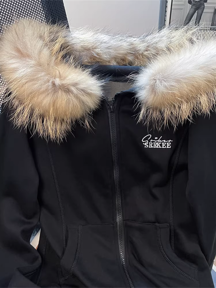 Áo khoác có khóa kéo cổ lông màu đen có thiết kế tập trung vào thiết kế dành cho nữ, áo khoác hoodie dáng ôm thanh lịch theo phong cách cổ điển châu Âu mùa thu đông.