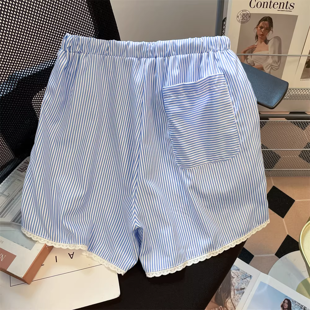 Quần short ống đứng viền ren sọc xanh phong cách Hàn Quốc dành cho nữ, mặc ngoài trời mùa hè, quần ống rộng lưng cao co giãn