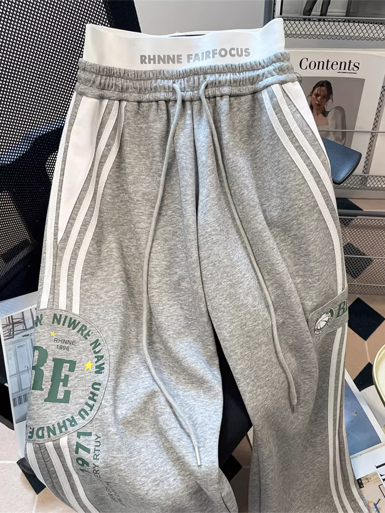 Quần thể thao in chữ kiểu Mỹ cổ điển có dây thắt lưng đôi dành cho nữ, quần ống rộng dáng rộng thường ngày mùa thu