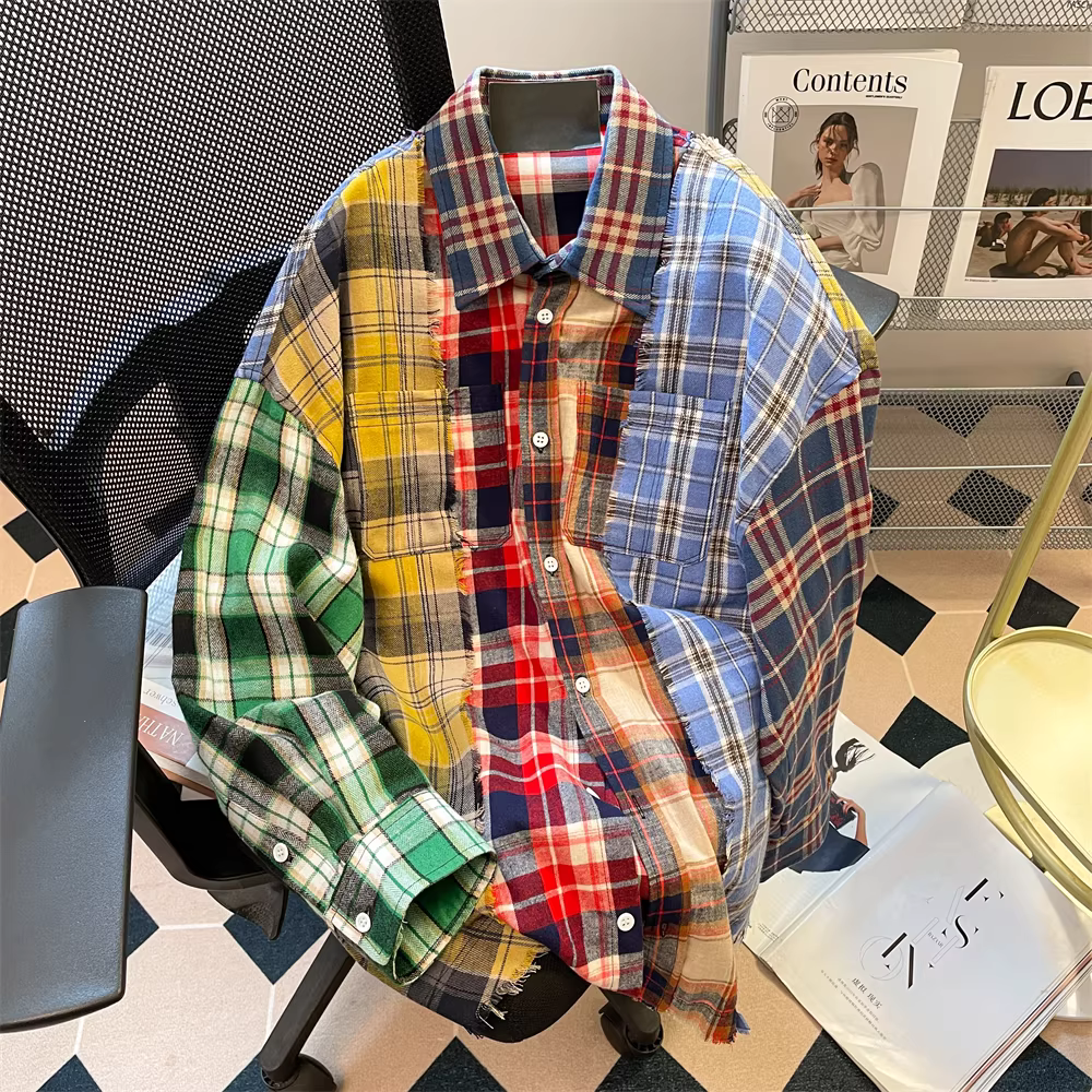 Áo sơ mi chắp vá kẻ sọc màu dopamine kiểu Mỹ dành cho nữ, kiểu dáng rộng rãi và thoải mái cho mùa xuân và mùa thu, áo khoác bên trong nhiều lớp.
