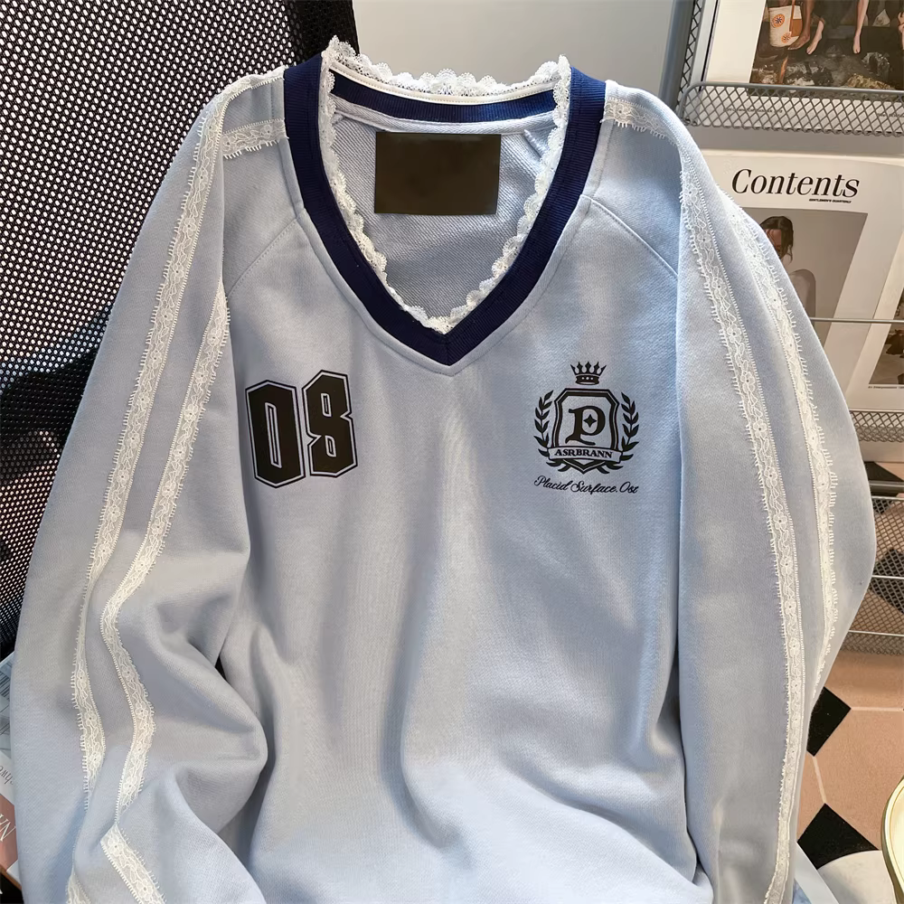 Áo len nữ cổ chữ V phong cách Hàn Quốc phối ren tương phản màu sắc mùa thu đông 2025 mới, kiểu dáng thể thao, dài tay, chất liệu thun