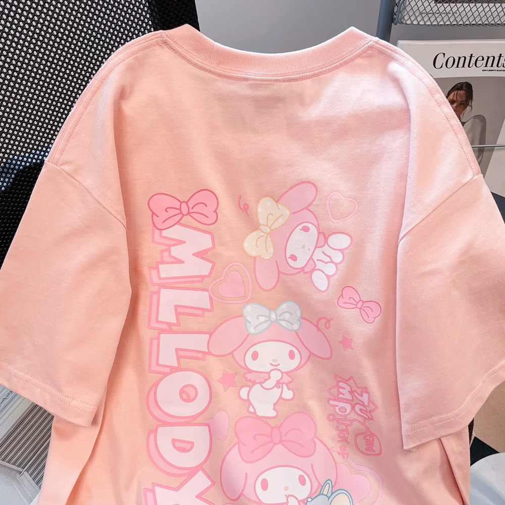 Áo thun ngắn tay Melody hoạt hình dễ thương màu hồng dành cho nữ, phong cách mùa hè Hàn Quốc, ngọt ngào, trẻ trung, sành điệu, vai thường, áo thường ngày