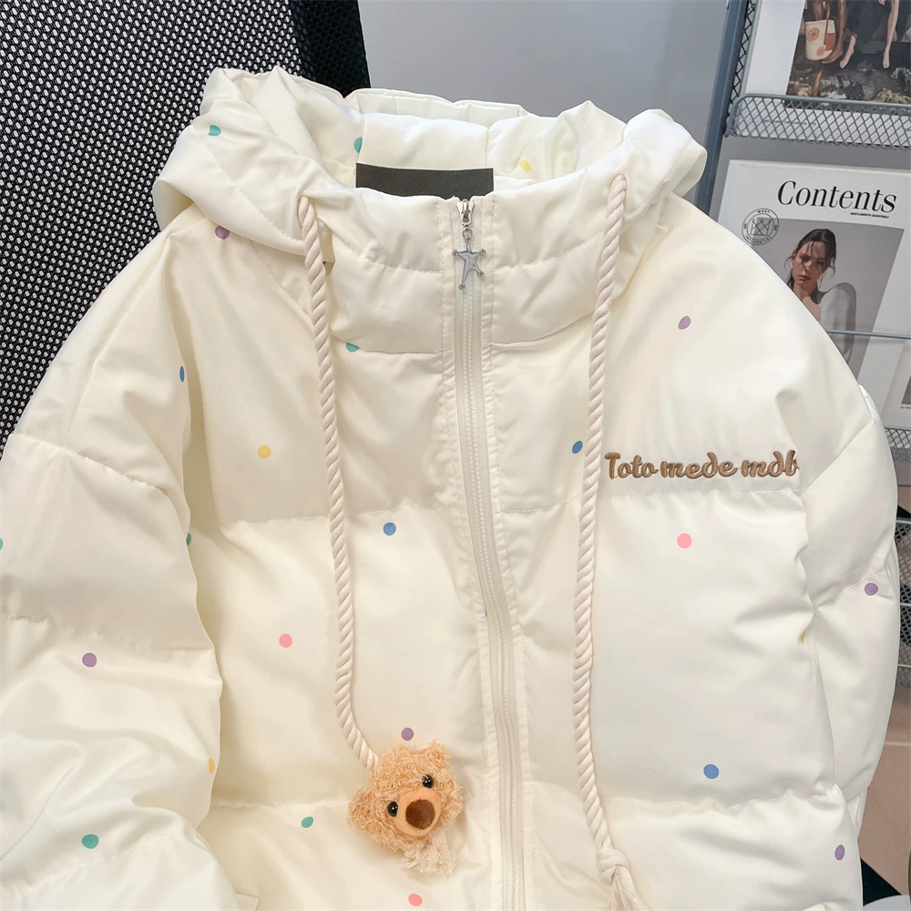 Áo khoác cotton hình gấu chấm bi nhiều màu sắc phong cách Hàn Quốc dành cho nữ, áo khoác cotton dày có mũ trùm đầu ngọt ngào mùa thu đông.