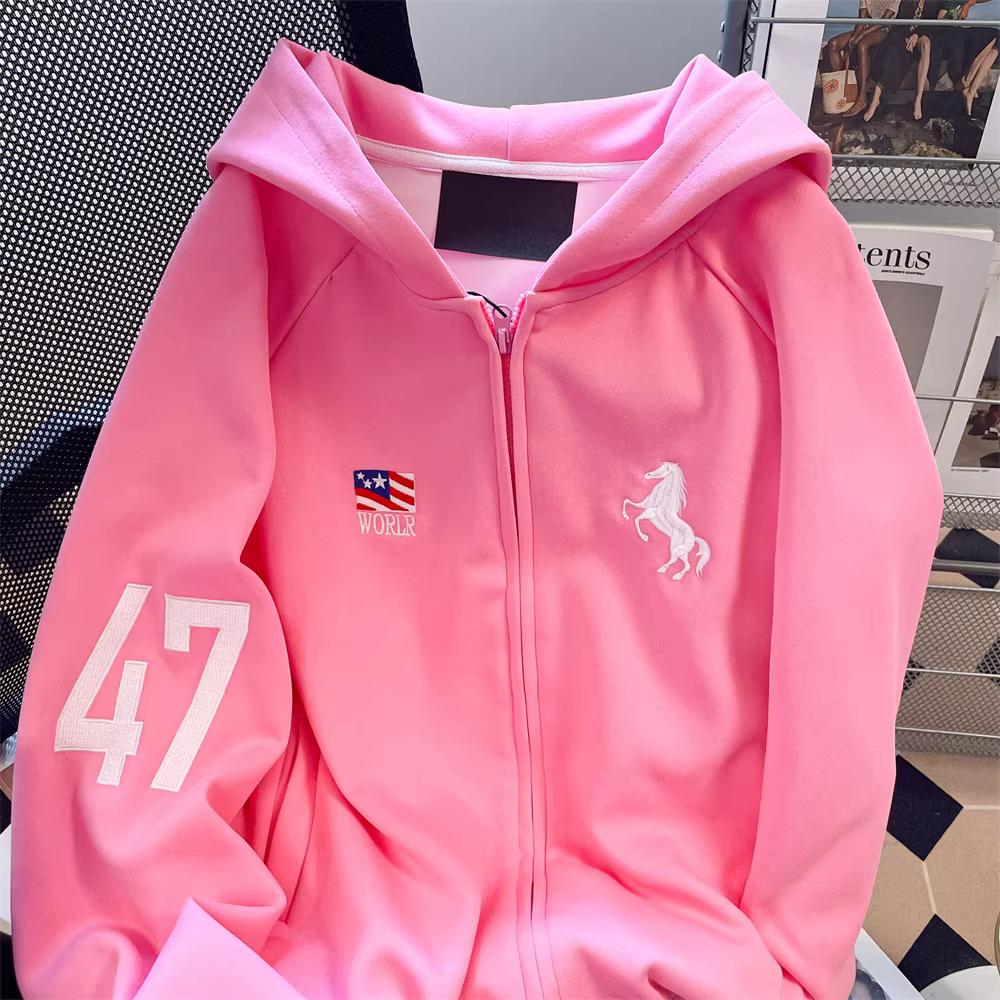 Áo khoác hoodie dopamine phong cách Trung Hoa dành cho nữ, áo cardigan có khóa kéo màu hồng cổ điển hợp thời trang mùa thu