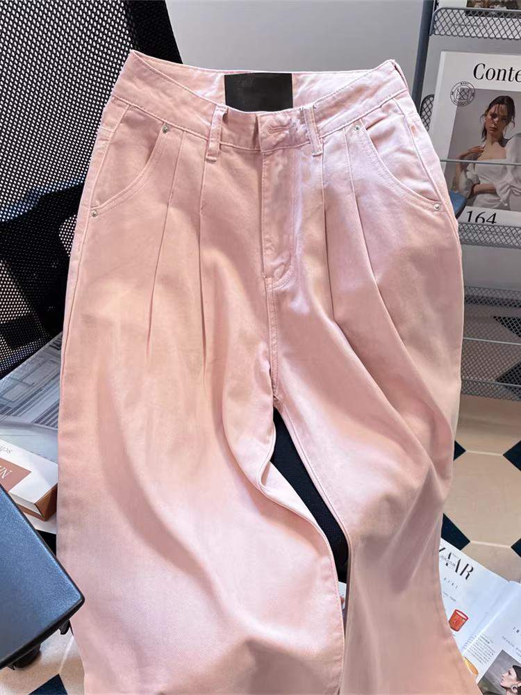 Quần denim dài màu hồng mùa hè dành cho nữ, kiểu dáng retro Mỹ, phong cách Hồng Kông, quần ống rộng lưng cao, dáng thẳng, phong cách thường ngày