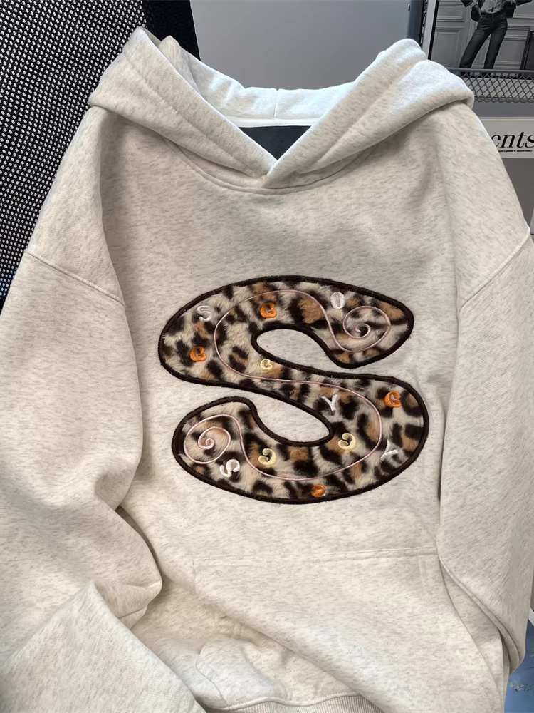 Áo nỉ thêu họa tiết da báo sang trọng của Mỹ dành cho nữ, thiết kế thích hợp cho mùa thu đông, áo đôi đa năng thông thường độc đáo