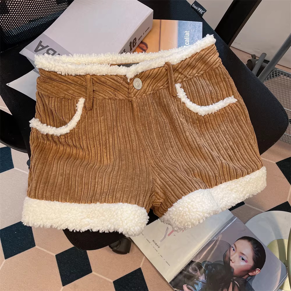 Quần short nhung kiểu Mỹ có viền lông, quần short kiểu boot cho nữ, phong cách cao cấp mùa xuân, quần short màu kaki cạp cao tôn dáng