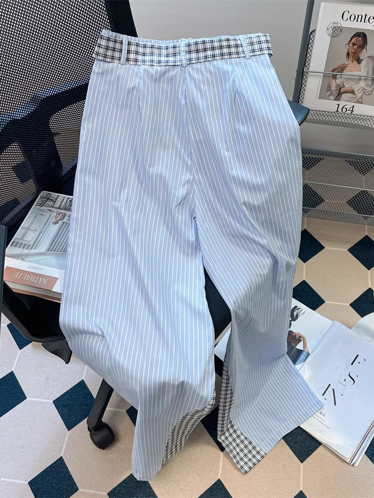 Quần đi bộ thường ngày phối sọc xanh phong cách Hàn Quốc dành cho nữ, quần ống rộng dáng rộng mùa hè kiểu dáng lười biếng thoải mái