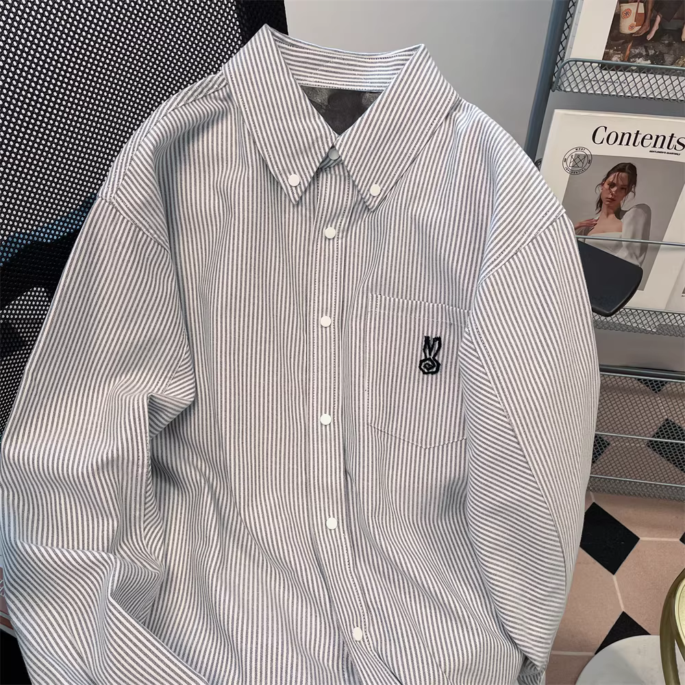 Áo sơ mi đa năng sọc thêu phong cách đại học Hàn Quốc dành cho nữ, áo và áo khoác oversize dành cho cặp đôi cao cấp mùa xuân