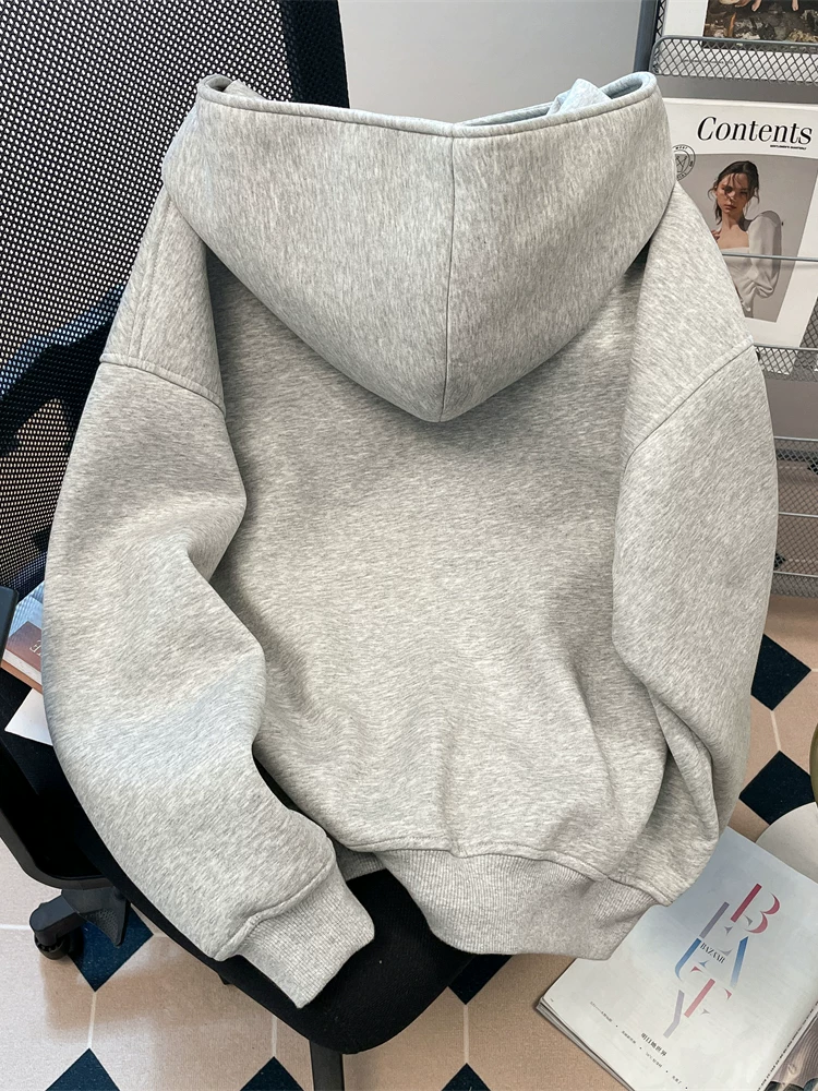 Áo khoác có mũ trùm đầu kiểu Nhật dành cho nữ, đầu thu đông, phong cách lười biếng và thư giãn của cặp đôi, áo cardigan lót lông cừu