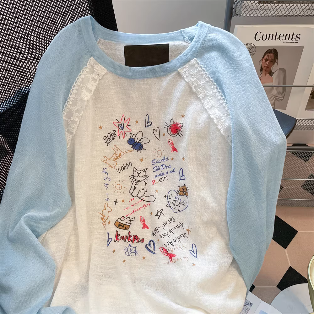 Áo thun chống nắng phong cách hoạt hình vui nhộn kiểu Hàn Quốc dành cho nữ, áo dài tay raglan phối ren thoải mái mùa hè