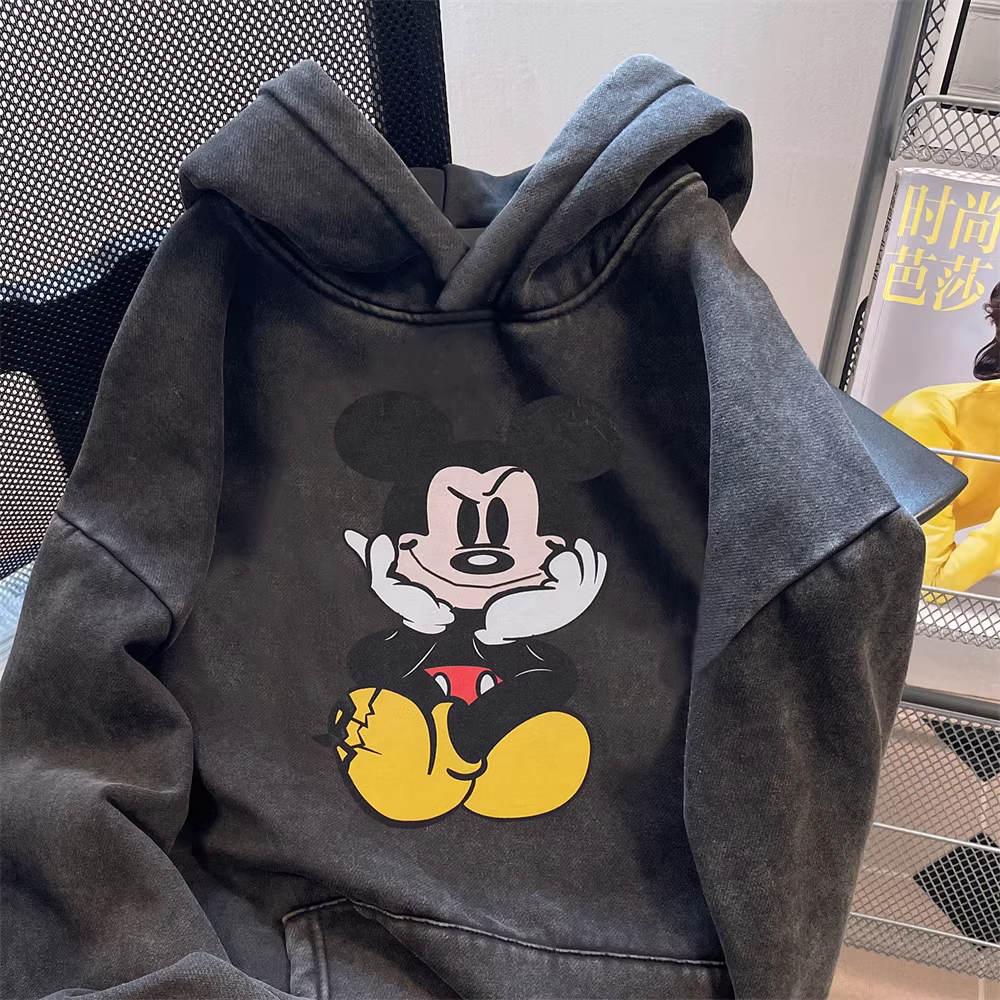 Áo len Mickey cổ điển được giặt bằng cotton nguyên chất theo phong cách châu Âu dành cho nữ, áo khoác có mũ trùm đầu phong cách Hồng Kông sang trọng dành cho cặp đôi mùa thu