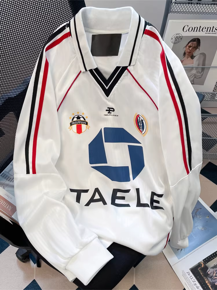 Áo thun thể thao dài tay màu tương phản theo phong cách cổ điển Mỹ dành cho nữ vào mùa thu, áo polo dáng rộng kiểu lười biếng dành cho cặp đôi áo cổ chữ V