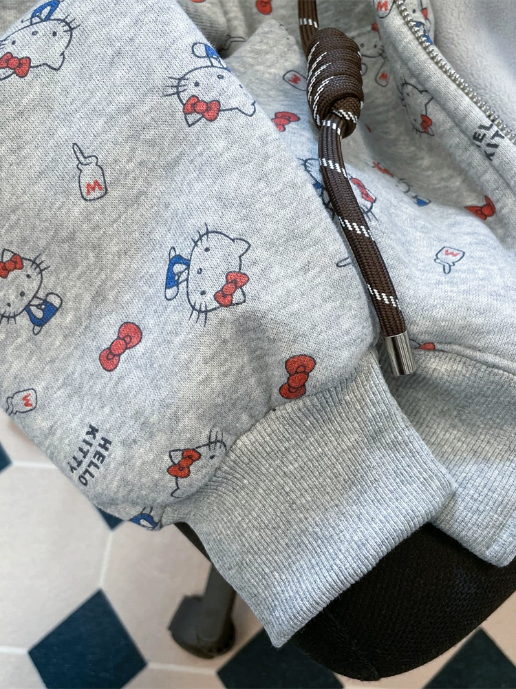 Áo khoác có mũ trùm đầu in hình Kitty dễ thương phong cách Hàn Quốc dành cho nữ, mùa xuân thu 2025, áo cardigan độc đáo và siêu xinh.