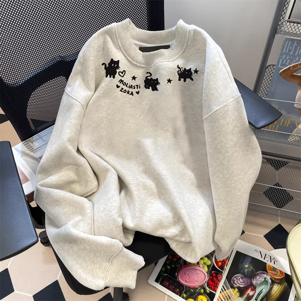 Áo len dài ngang vai kiểu mèo dễ thương kiểu Mỹ dành cho nữ, phong cách đại học cổ điển mùa đông, lót lông cừu và dày dặn, áo không mũ.