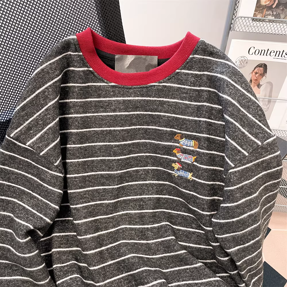 Áo thun lót lông cừu dày dặn phong cách Hàn Quốc dành cho nữ, áo dài tay thêu sọc phối màu mùa thu đông.