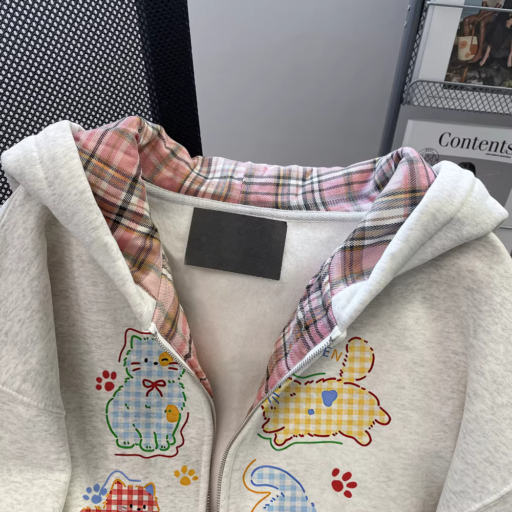 Áo khoác len hình mèo dễ thương cao cấp kiểu Nhật dành cho nữ, độc đáo và siêu xinh, lót kẻ sọc, áo cardigan có khóa kéo cho mùa xuân và mùa thu.