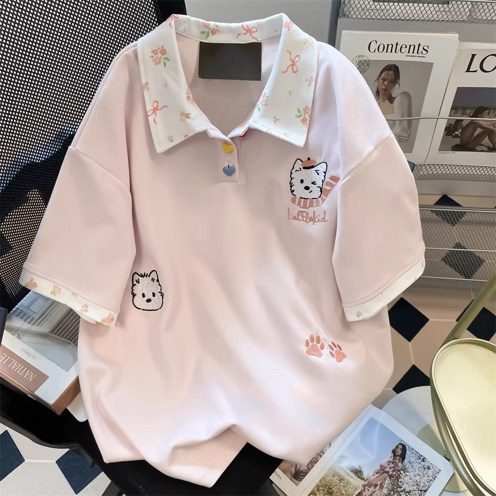 Áo thêu hình chó con độc đáo và siêu dễ thương theo phong cách Hàn Quốc dành cho nữ, áo thun ngắn tay cổ polo phối hoa phong cách đại học mùa hè
