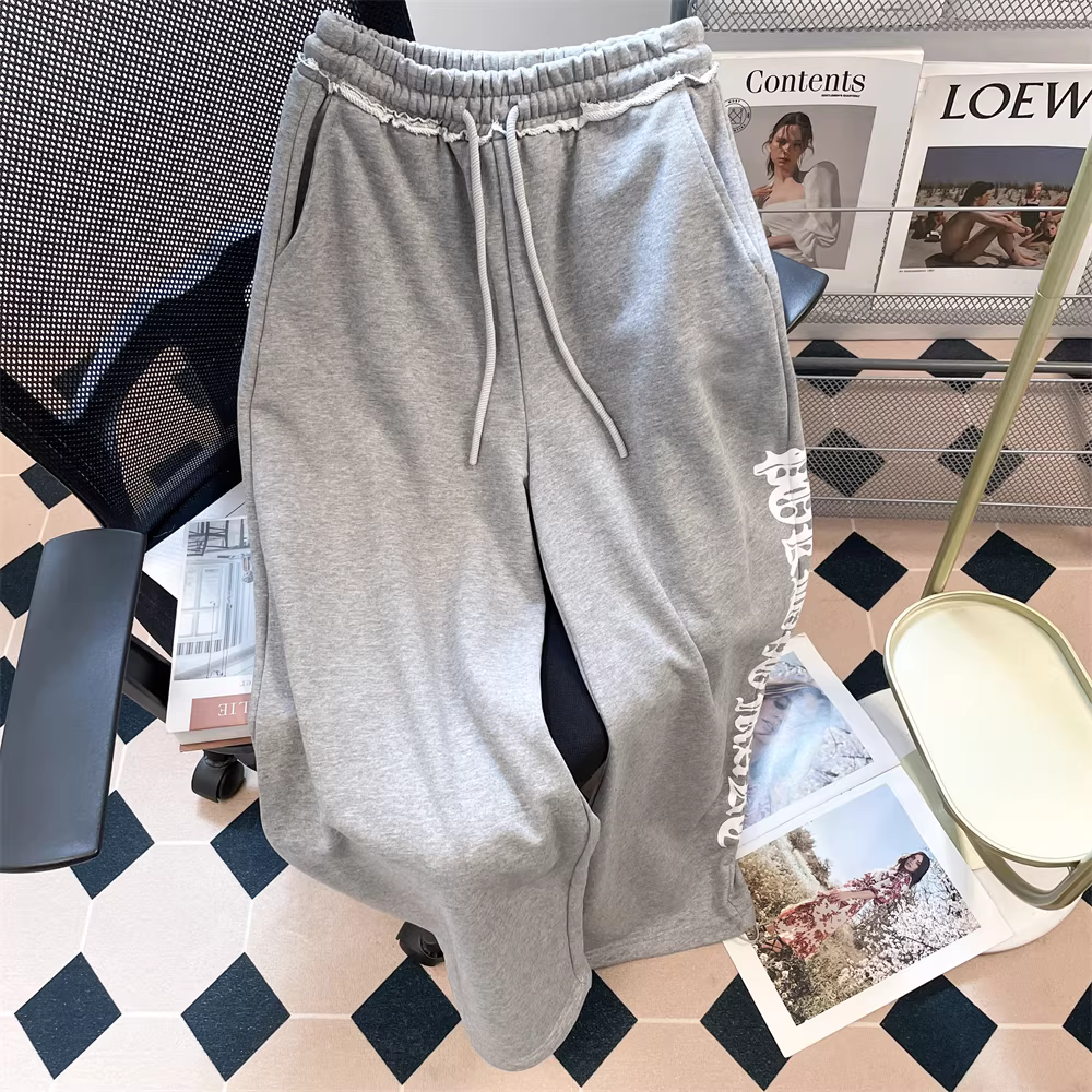 Quần thể thao có dây rút kiểu cổ điển kiểu Mỹ dành cho nữ, quần ống rộng dài đến sàn, dáng thẳng, đa năng dành cho mùa thu.