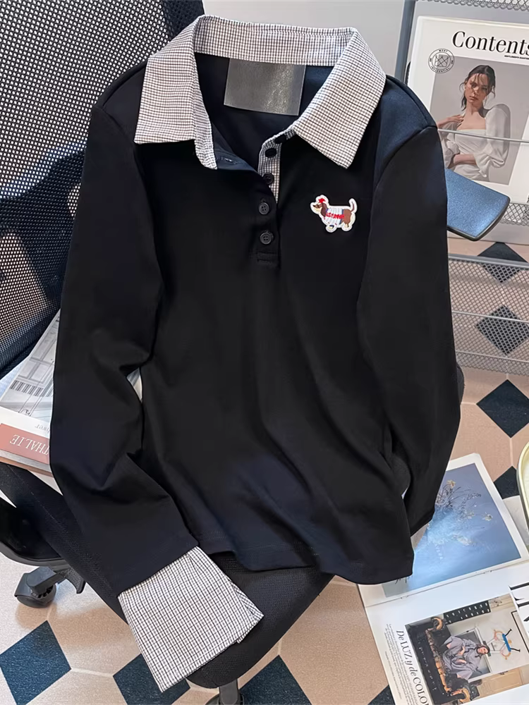 Áo thun dài tay thêu hình chó dachshund giả hai mảnh kiểu Mỹ dành cho nữ, áo polo dáng ôm vừa vặn bằng cotton thuần khiết mùa thu, áo polo dáng ôm vừa vặn