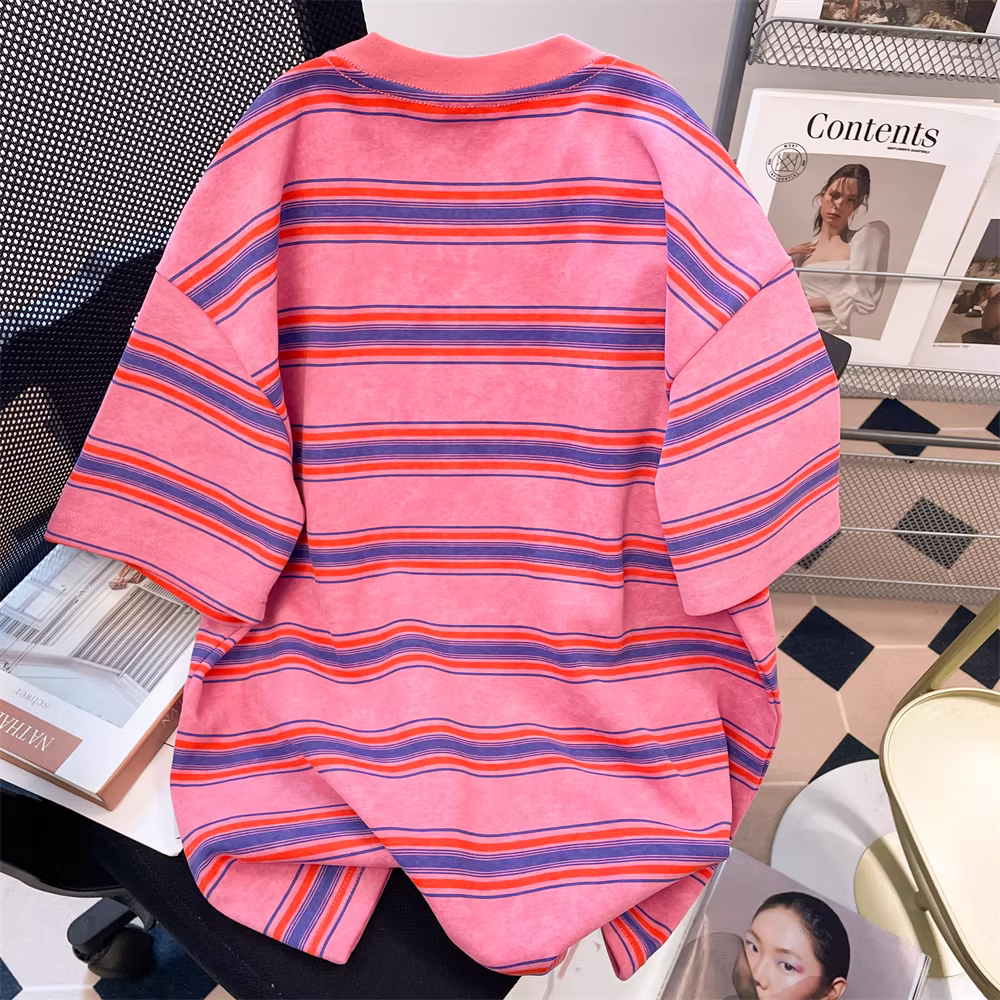 Áo thun ngắn tay có chữ sọc theo xu hướng châu Âu và Mỹ dành cho nữ, thiết kế mùa hè, áo oversize phong cách đường phố Mỹ