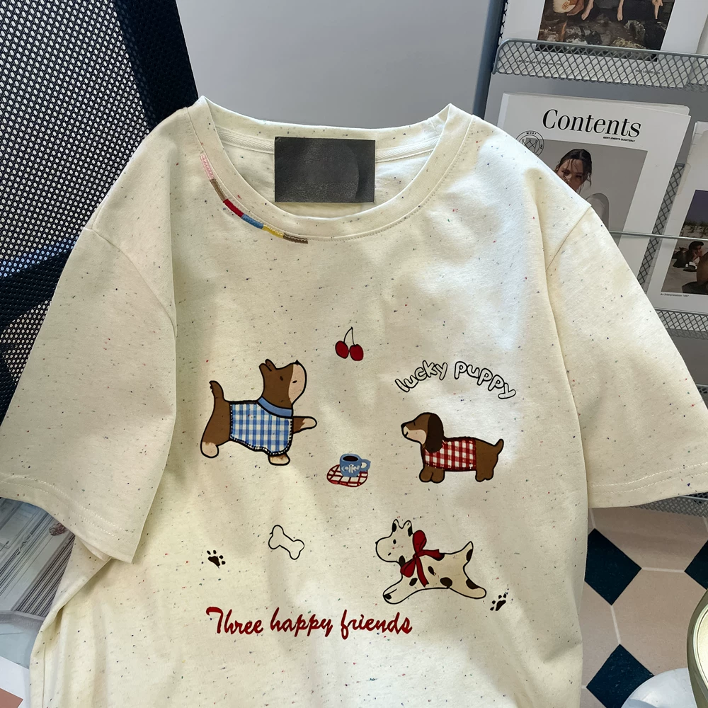 Áo thun ngắn tay hình chú chó dễ thương và nghệ thuật dành cho nữ, áo cotton nguyên chất độc đáo và đẹp mắt mùa hè.