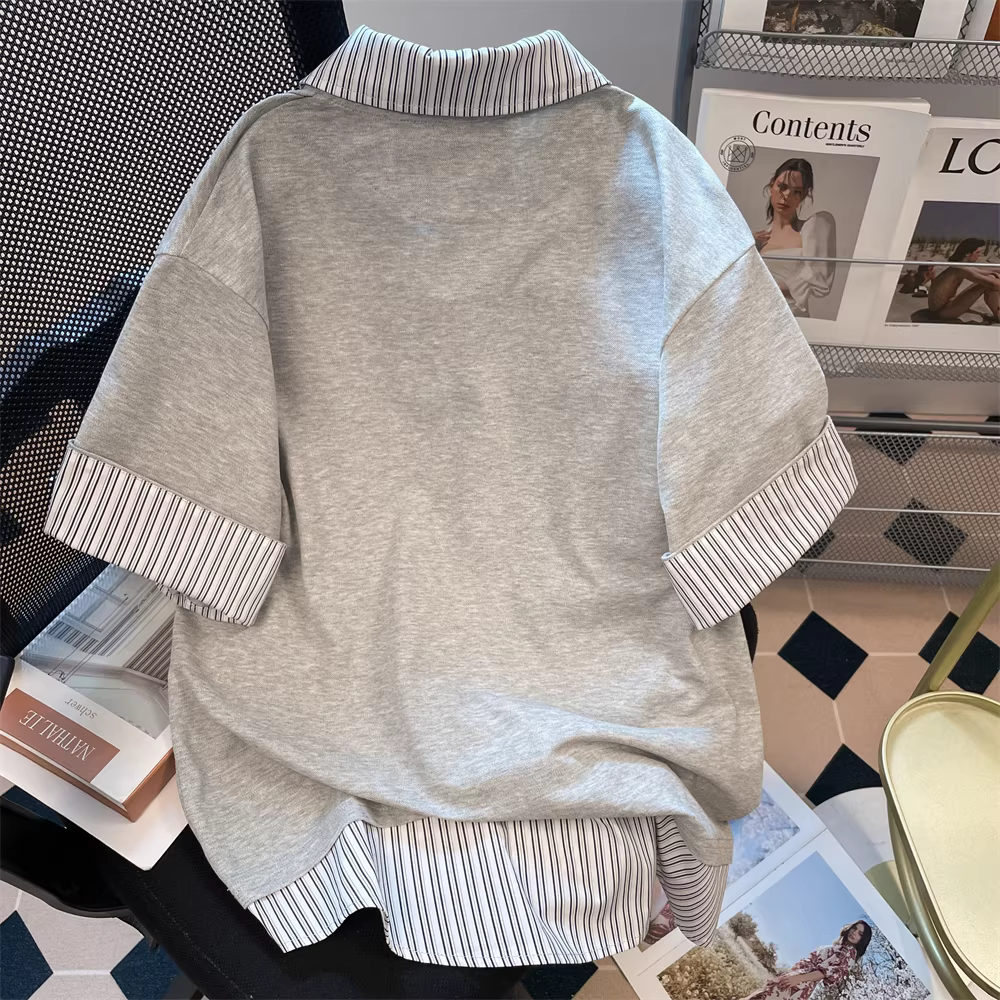 Áo thun nữ hai lớp giả hai mảnh mùa hè, phối sọc, kiểu dáng mới 2025, cổ polo, tay ngắn