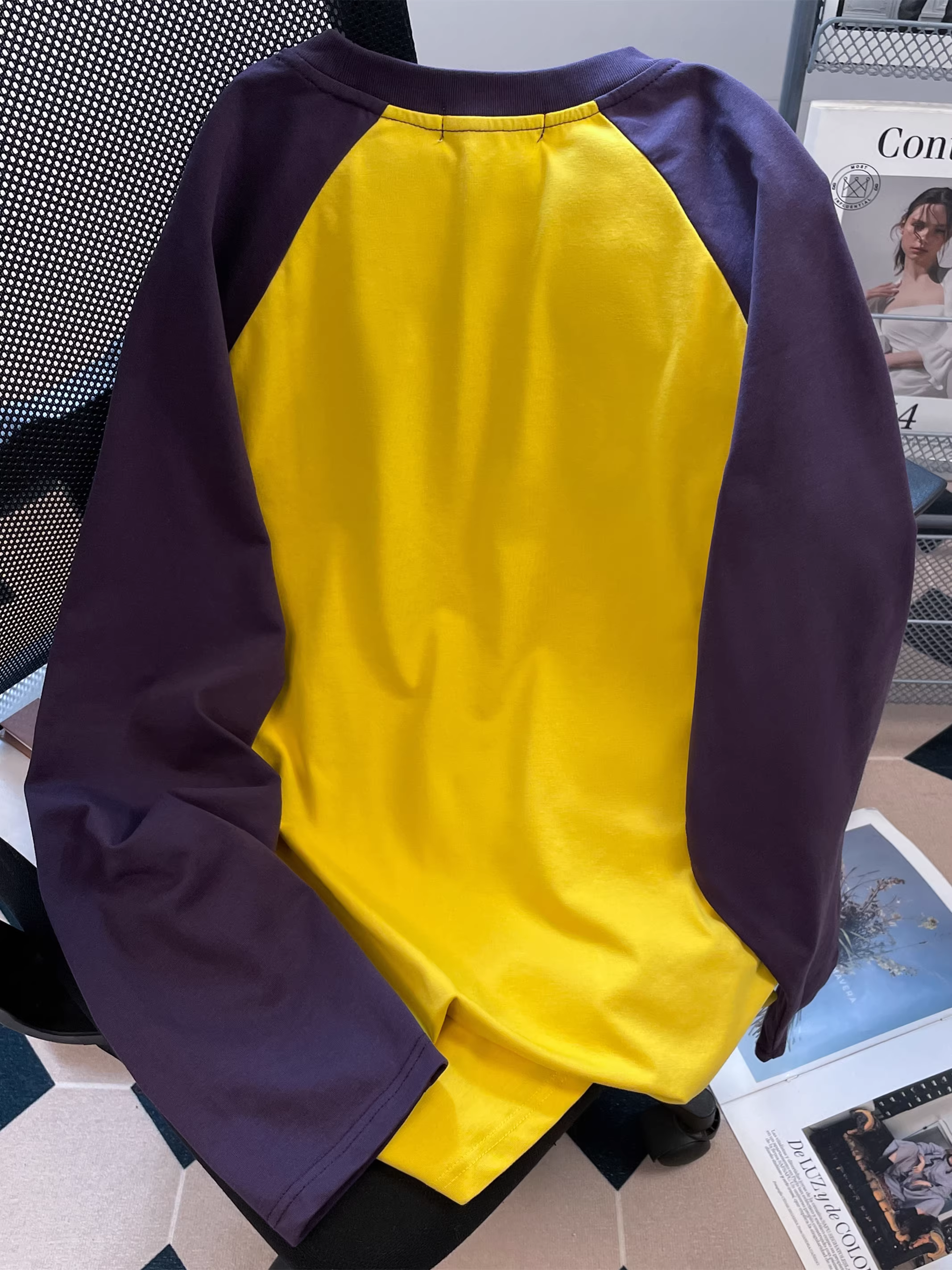 Áo thun dài tay kiểu raglan thiết kế cổ điển Hàn Quốc dành cho nữ, áo sơ mi dáng rộng kiểu Mỹ phong cách cặp đôi mùa thu