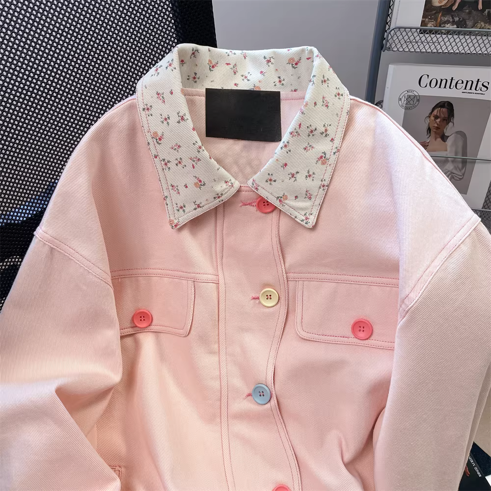 Áo khoác denim hoa hồng siêu xinh ngọt ngào dành cho nữ đầu thu phong cách cổ điển Hàn Quốc áo khoác nhỏ nhắn