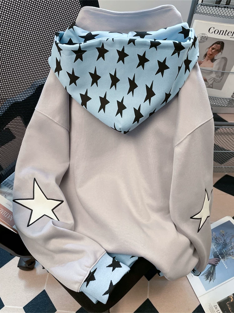 Áo hoodie thêu hình ngôi sao theo phong cách Mỹ dành cho nữ, áo khoác cardigan phong cách y2k mùa thu đông
