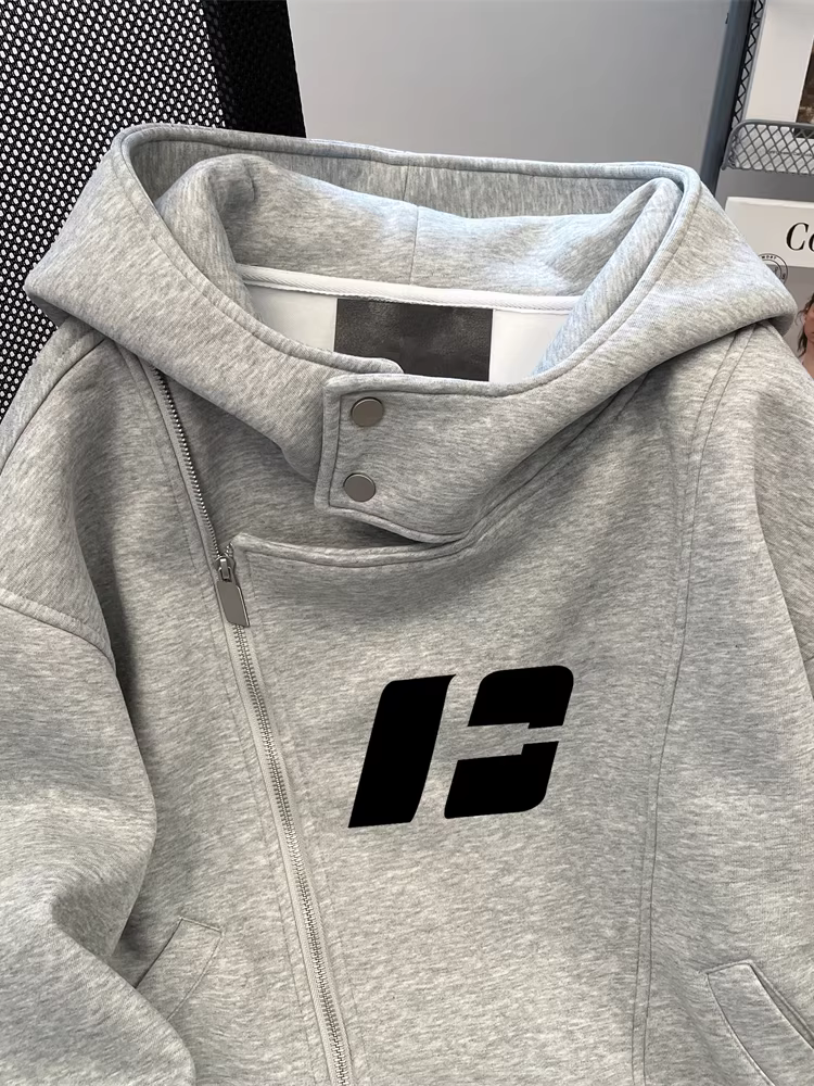 Áo len giản dị và đa năng cao cấp kiểu Mỹ dành cho nữ trong mùa thu đông, áo khoác cardigan có mũ trùm đầu có khóa kéo đôi lót lông cừu