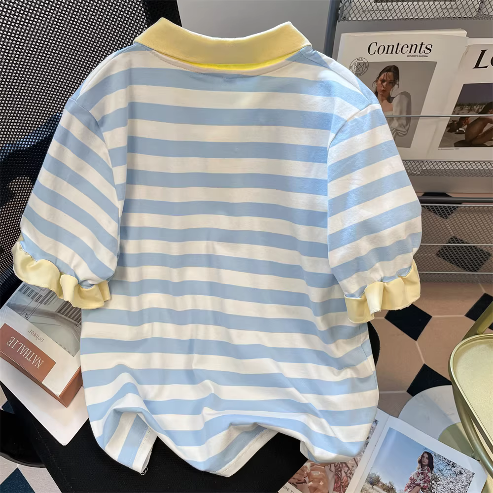 Áo polo thêu hình chú gà nhỏ màu vàng ngọt ngào và dễ thương theo phong cách Nhật Bản dành cho nữ, áo thun ngắn tay sọc màu phong cách đại học mùa hè