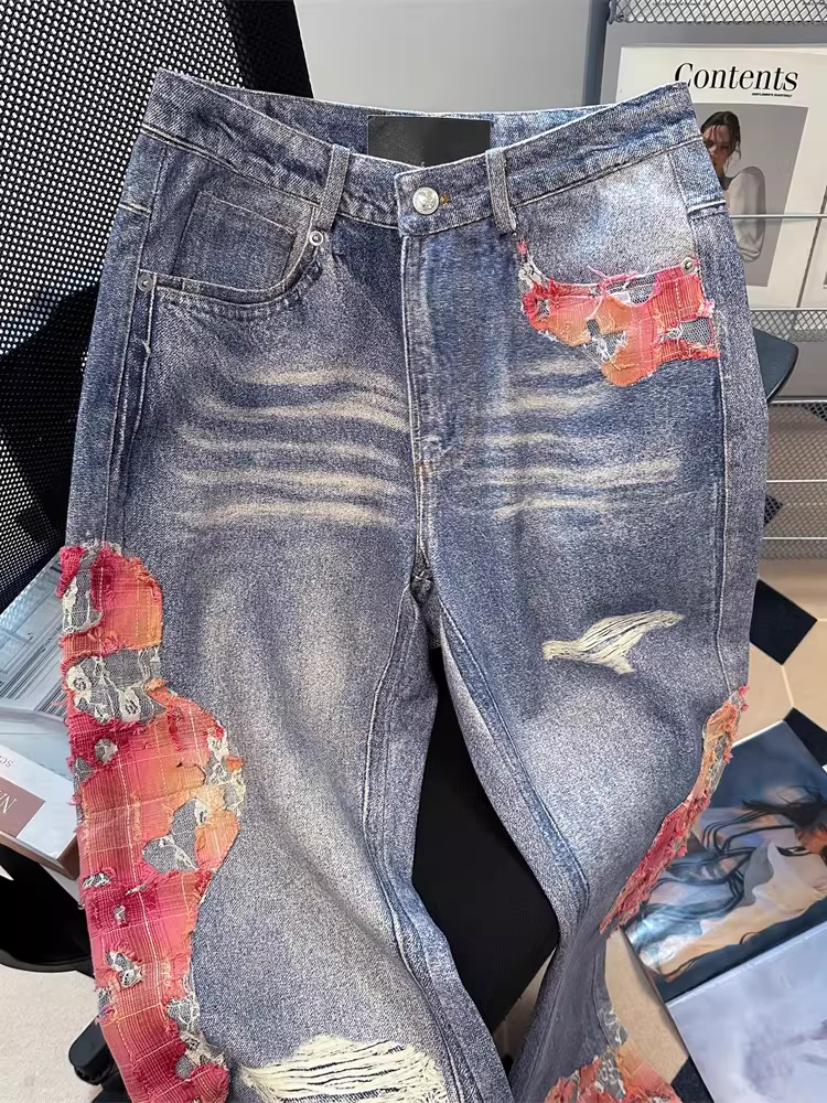 Quần jean kiểu đường phố Mỹ, phong cách cổ điển Hong Kong, phối vải cũ, dành cho nữ, kiểu dáng độc đáo và đặc biệt, quần dài ống rộng, dáng suông, thích hợp cho mùa thu.