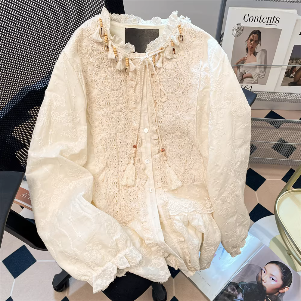 Áo sơ mi nặng chất thêu ren tua rua phong cách Pháp dành cho nữ, mùa xuân thu, phong cách dân tộc sành điệu, áo dài tay độc đáo và đẹp mắt