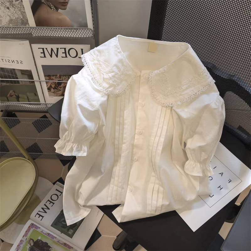 Áo sơ mi ngắn tay có cổ búp bê JK kiểu Nhật dễ thương dành cho nữ, thiết kế dáng rộng mùa hè, áo tai thỏ độc đáo