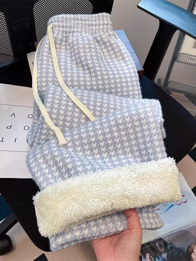 Quần ống rộng len houndstooth thời thượng dành cho nữ, mùa thu đông, lót lông cừu, dày dặn, chất liệu len cừu, quần dài thường ngày