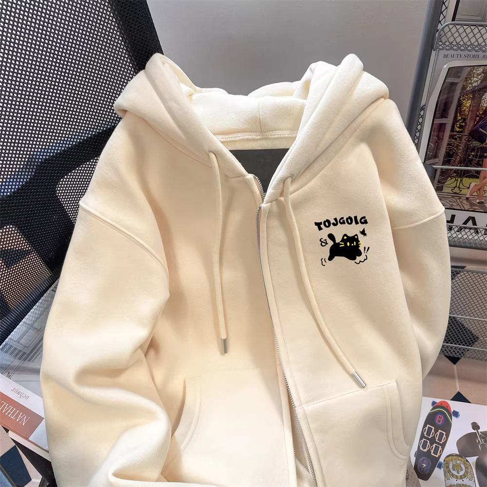 Áo khoác len kiểu dáng trẻ trung màu mơ sữa dành cho nữ, dáng rộng, lót lông cừu, dày dặn, áo cardigan có mũ trùm đầu cho mùa cuối thu và đầu đông.